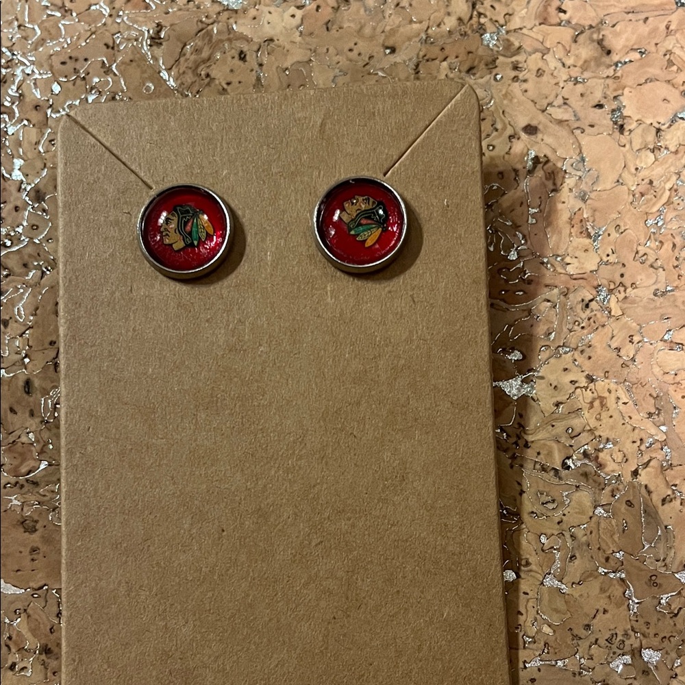 Handmade from nail wraps and stickers, Blackhawks Stud Earrings